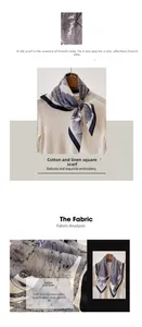 Vue détaillée du foulard gris et bleu marine aux textures réalistes de plumes et feuilles