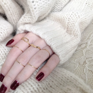 Detailed view of minimalist gold ring set featuring geometric hollow and wavy stacking bands