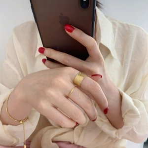 Minimalist 18K gold plated wide textured ring and delicate beaded bracelet set