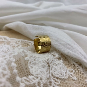 Wide Band Ring Titanium Steel 18K Gold Plated Diagonal Wave Texture Adjustable Open Geometric Minimalist Style For Women