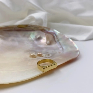 Polished gold geometric ring placed on a natural seashell over white fabric