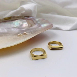Modern minimalist gold-plated geometric rectangle signet rings with polished mirror finish