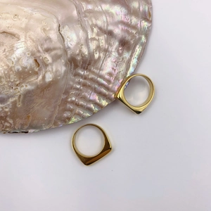 Detail of high-polish gold minimalist geometric signet rings on a natural shell background