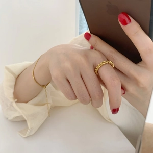 Twisted Rope Ring Stainless Steel Gold Plated Chunky Minimalist Geometric Fashion Jewelry Accessory For Women