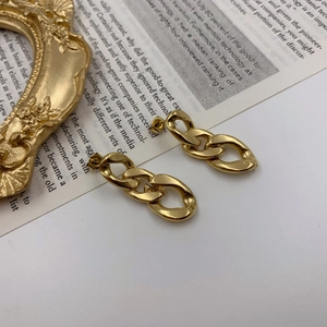 Detail of 18K gold-plated Cuban link chain earrings on a vintage paper background