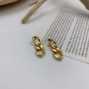 Minimalist gold link chain drop earrings with three chunky polished oval rings