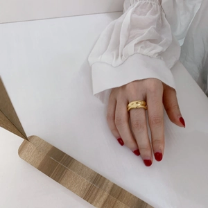 Irregular Wavy Wide Band Ring Stainless Steel Gold Plated Minimalist Textured Concave Convex Finger Jewelry For Women