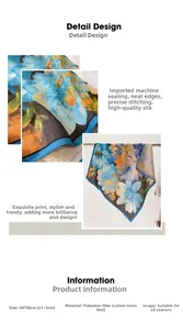 Detail of 68x68cm floral square scarf showing hemmed edges and polyester linen texture