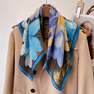 Vintage Floral Print Square Scarf Polyester Satin Feel Neck Kerchief Women Elegant Retro Professional Styling Accessory