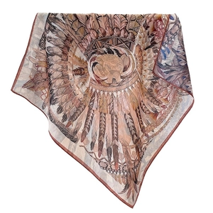 Elegant bohemian feather print square silk scarf with earth tones and red hemmed edges
