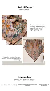 Detail showing 68x68cm square scarf size with retro floral print and machine-stitched edge