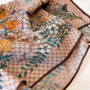 Retro floral print square scarf with warm brown lily patterns and soft silk texture