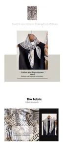 Detail of French vintage cotton linen square scarf showing breathable fabric texture and patterns