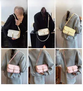 Detailaufnahmen trendiger rechteckiger Umhängetaschen in Beige, Gelb und Rosa Kunstleder