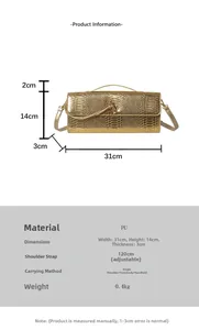 Vue détaillée du sac doré motif serpent avec dimensions et bandoulière réglable