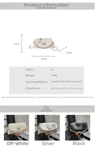 Detailed size specifications and material attributes of the beaded crossbody handbag