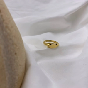 Minimalist gold titanium steel signet ring with smooth oval surface on white fabric