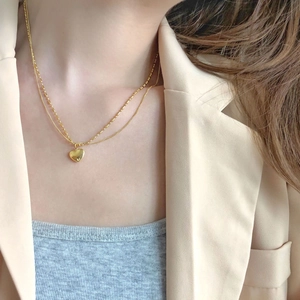 Elegant Heart Pendant Double Layer Necklace For Women Polished Titanium Steel Bead Chain Retro Ins Style Jewelry