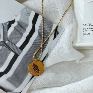 Praying Hands Round Pendant Necklace Titanium Stainless Steel Gold Ball Chain Inspirational Quote One Day At A Time