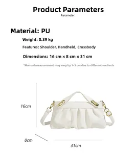 Detailed specs of the white ruched handbag showing size 16x8x31cm and 0.39kg weight