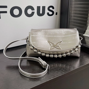 Women Crossbody Bag PU Leather Butterfly Buckle Ball Chain Decor Small Square Flap Shoulder Purse Fashion