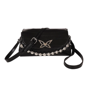 Fashionable black shoulder bag with silver butterfly charm and metal bead chain detail