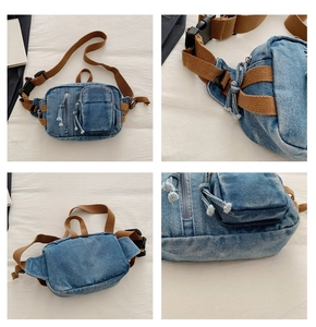Detailansicht der gewaschenen Denim-Brusttasche mit verstellbarem Gurt und Reißverschluss