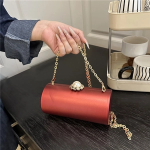 Pochette De Soirée Cylindrique Coque Rigide Satin Acrylique Fermoir Künstliche Perle Chaîne Métal Sac Bandoulière Mariage Femmes