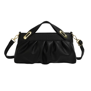 Elegant black pleated leather handbag with gold hardware and detachable shoulder strap
