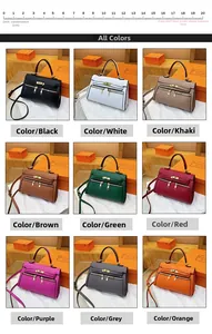 Collage of leather Kelly-style handbags in nine vibrant colors with matching gift boxes
