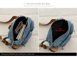 Vue intérieure montrant le compartiment spacieux de ce sac bandoulière en denim bleu