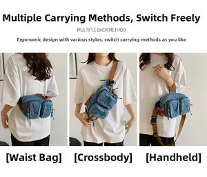 Détails du sac de poitrine en denim montrant les modes taille, bandoulière et à main