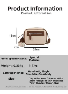 Tabella taglie dettagliata per borsa quadrata in tela beige, misure 24x18x7cm e tracolla