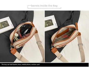 Dettaglio dello spazioso scomparto interno della borsa a tracolla in tela beige e pelle marrone
