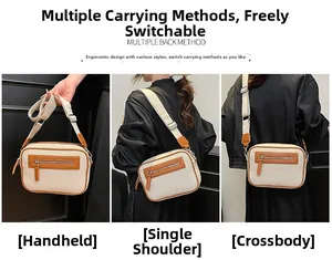 Dettagli della borsa quadrata in tela beige con stili a mano, a spalla e a tracolla