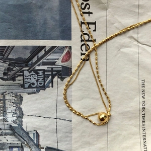 Detail of minimalist double-layered gold necklace with polished ball pendant on newsprint