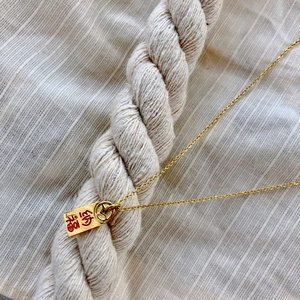 Gold plated titanium steel necklace with rectangular pendant and Chinese character engraving