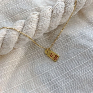 Gold-plated stainless steel coin necklace with Lucky Fortune engraved rectangular pendant