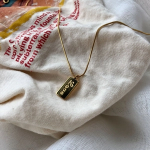 Minimalist 18K gold plated necklace with rectangular Love pendant on snake chain