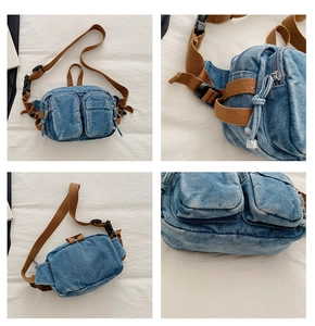 Détails du sac de poitrine en denim rétro avec sangle marron et deux poches frontales