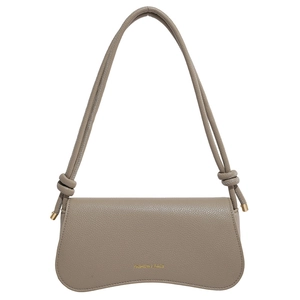Minimalist khaki leather underarm bag with knotted strap and gold lettering logo