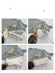 Detailed views of a white crossbody bag with geometric pattern flap and gold hardware