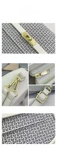 Close-up of white leather handbag with geometric patterns and premium gold hardware details