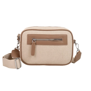 Borsa a tracolla classica in tela patchwork beige e marrone con tracolla larga