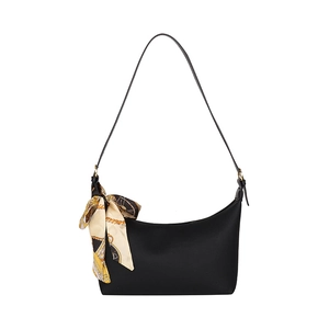 Chic black hobo shoulder bag with textured finish and patterned scarf handle detail