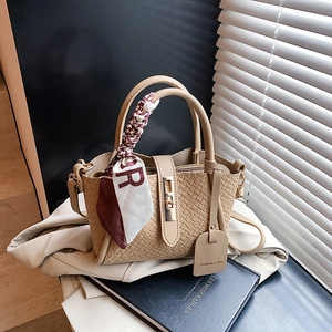 Women Woven Bucket Bag PU Leather Handbag With Satin Scarf Lock Closure Fashionable Crossbody Shoulder Purse