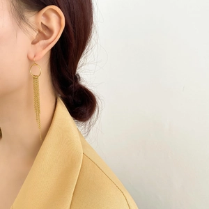 Détail de boucles d'oreilles à longues franges plaquées or 18 carats sur un mannequin