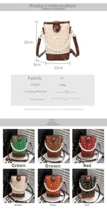 Detail view of bucket bag with stone pattern texture and pearl handle accessory