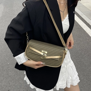 Retro golden brown crossbody square bag with vintage pattern and gold buckle for women