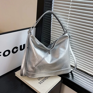 Vintage High-End Large Capacity Tote Bag Women PU Leather Metallic Crinkled Texture Hobo Shoulder Bag Diagonal Zipper Top